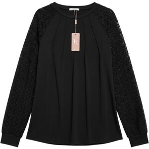 Hotouch Blouse Womens Medium Black New Lace Long Sleeve Pleated Crew Neck Top